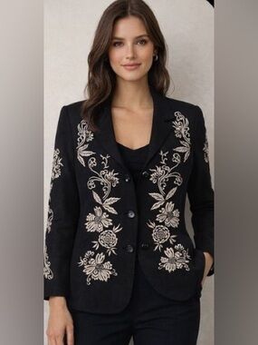 Victor Costa Black Blazer with Cream Floral Embroidery